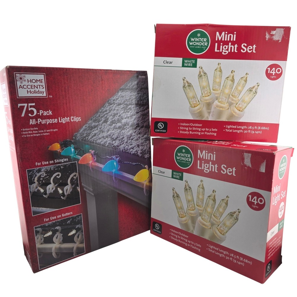 Christmas Lights Assorted Bundle Clear White Wire 280 Lights 75 Clips - Picture 1 of 8